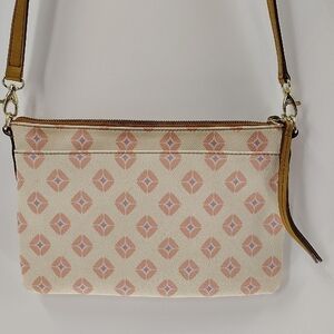 Fossil Crossbody Purse Ivory Pink Purple Adjustable Strap Zip Top